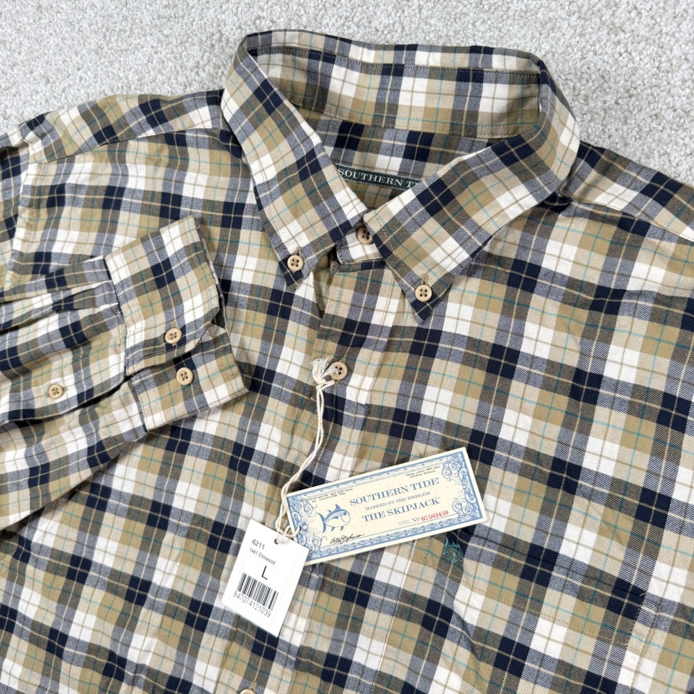 Southern Tide Button Down Mens L Tan Plaid Elmwood Cotton Skipjack Shirt
